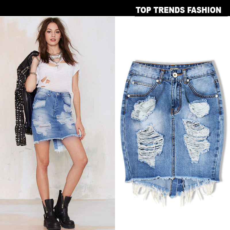 women's high waist slim hole ladies denim bag hip skirt irregular sexy hem tail after split apparel & accessories