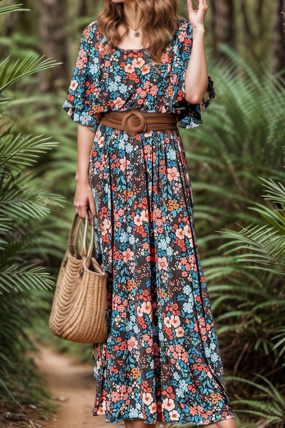 Tied Printed Round Neck Half Sleeve Dress apparel & accessories