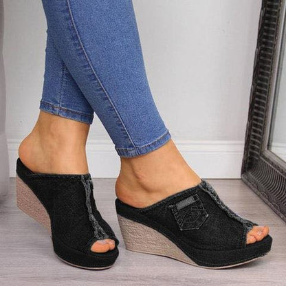 Denim high heels wedge sandals apparel & accessories