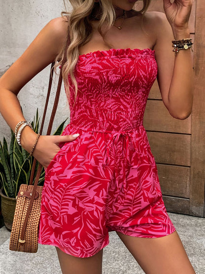 Smocked Printed Tube Romper with Pockets Bottom wear