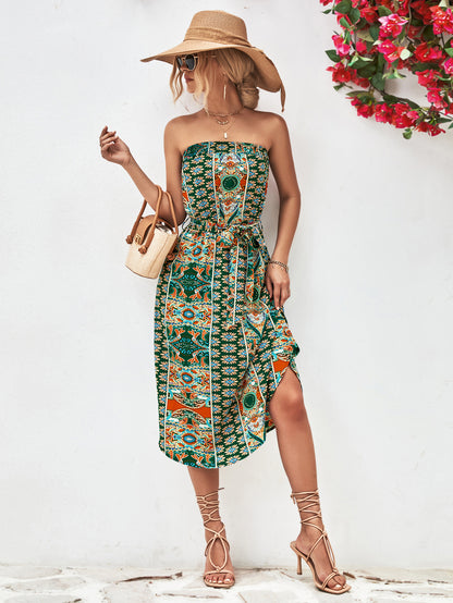 Printed Strapless Tie Belt Dress apparel & accessories