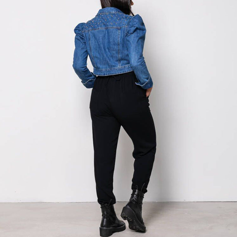 Denim Long-sleeved Retro Puff Sleeve Short Beaded Jacket apparel & accessories