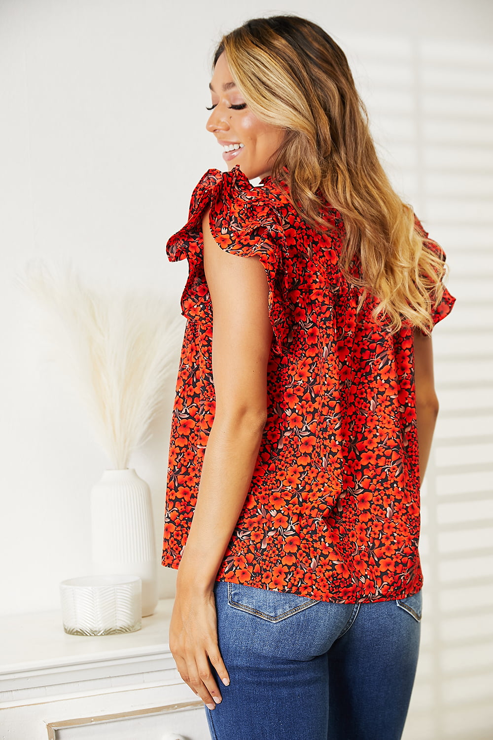 Double Take Floral Flutter Sleeve Notched Neck Blouse Dresses & Tops