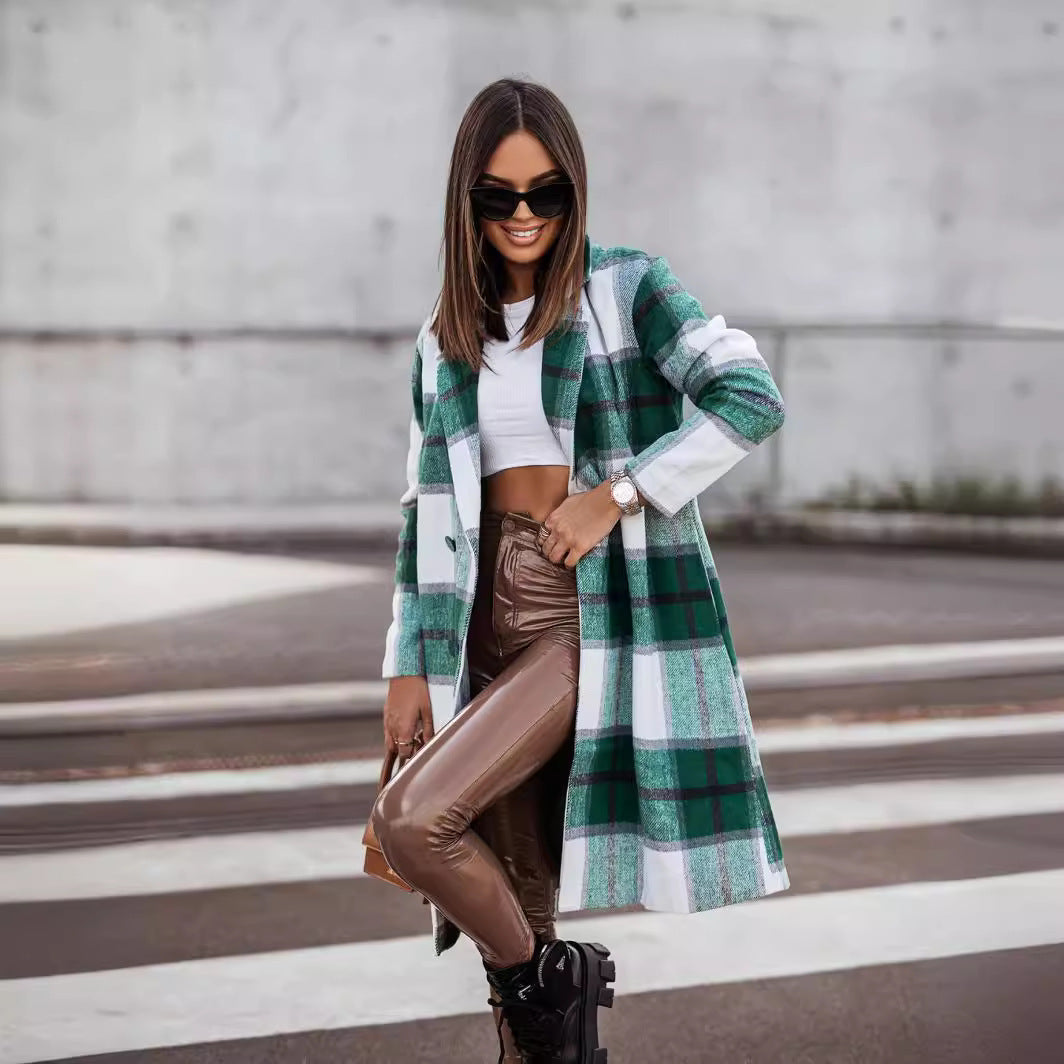 Fashion Brushed Mid-length Plaid Wool Coat apparels & accessories