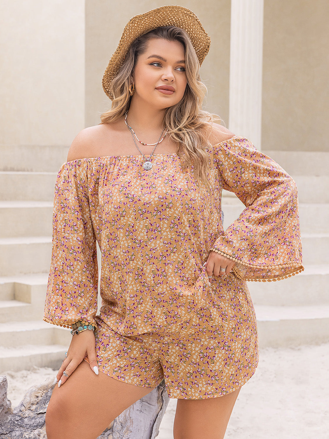 Plus Size Printed Off-Shoulder Top and Shorts Set Bottom wear