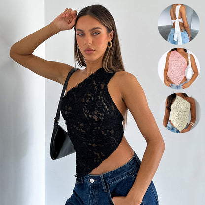 Ins Lace Backless Top Summer Solid Color Waistless Asymmetrical Sloped Neck Vest Streetwear Womens Clothes apparel & accessories