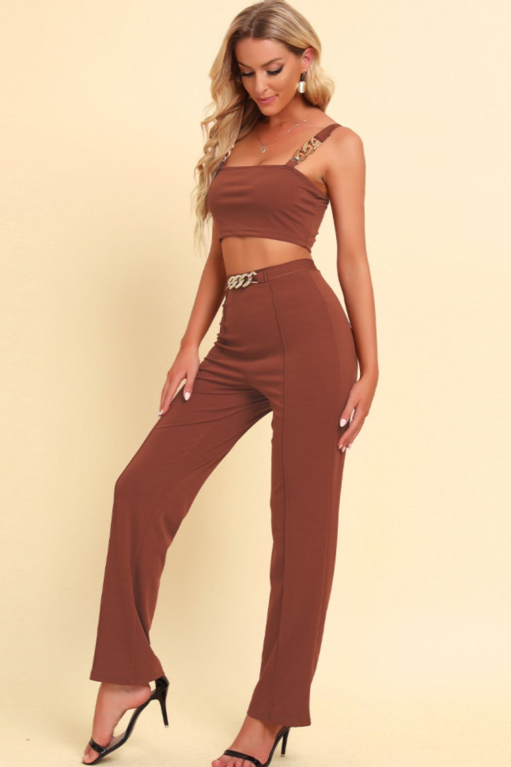 Chain Detail Cropped Cami and Straight Leg Pants Set apparel & accessories