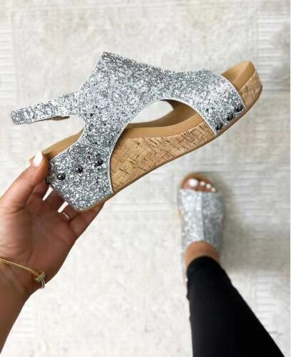 Chunky Wedges Sandals Sequins Velcro Shoes Shoes & Bags