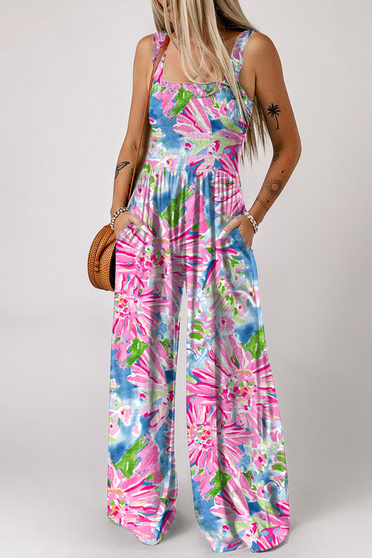 Floral Smocked Square Neck Jumpsuit with Pockets apparel & accessories