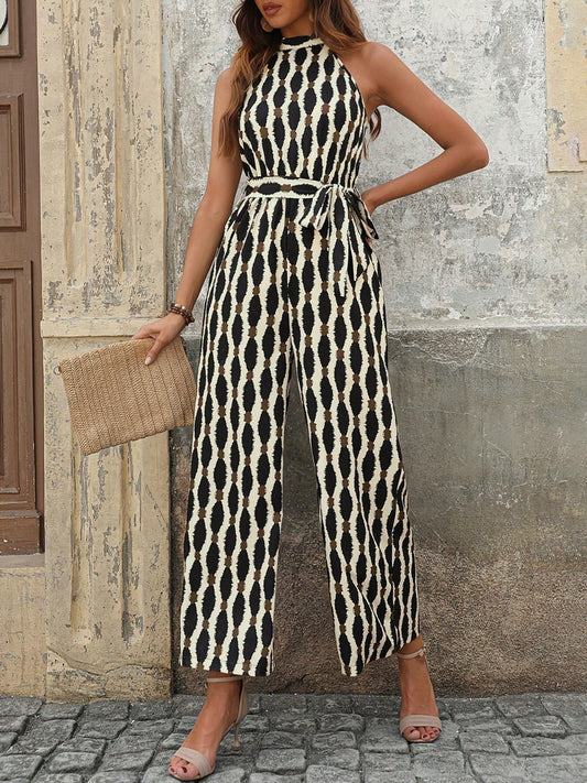 Tied Printed Grecian Neck Jumpsuit apparel & accessories