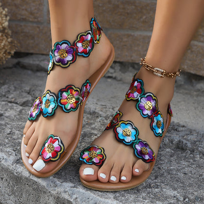 Ethnic Style Flowers Flat Sandals Summer Vacation Casual Clip Toe Beach Shoes For Women Shoes & Bags