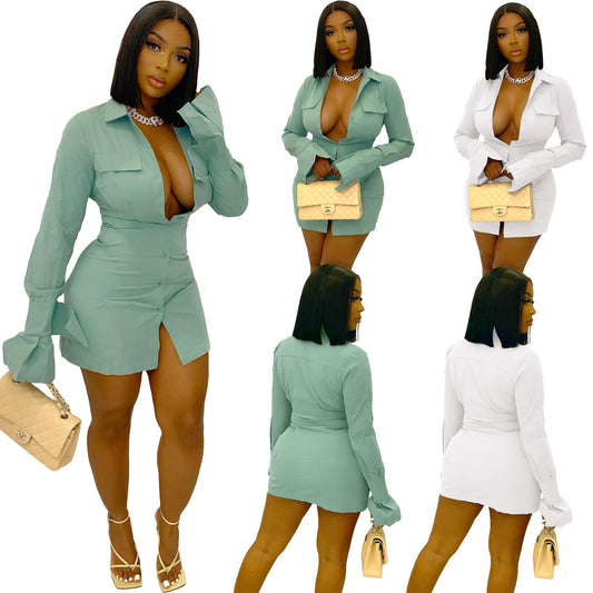 Women's Fashion Long Sleeve Shirt Solid Color Dress apparel & accessories