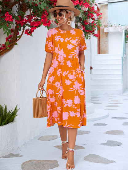 Floral Puff Sleeve Ruffle Hem Midi Dress apparel & accessories