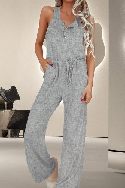 Drawstring Quarter Button Wide Strap Jumpsuit apparel & accessories