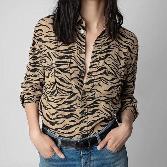French Women's Early Autumn Tiger Pattern Pocket Long-sleeved Shirt apparels & accessories