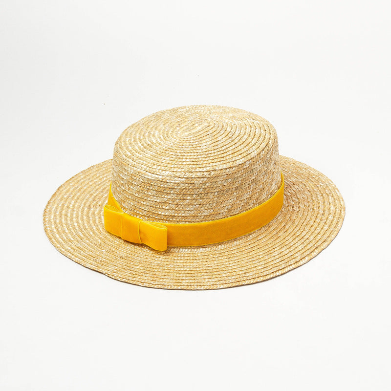 Straw hat with velvet ribbon and flat top apparel & accessories