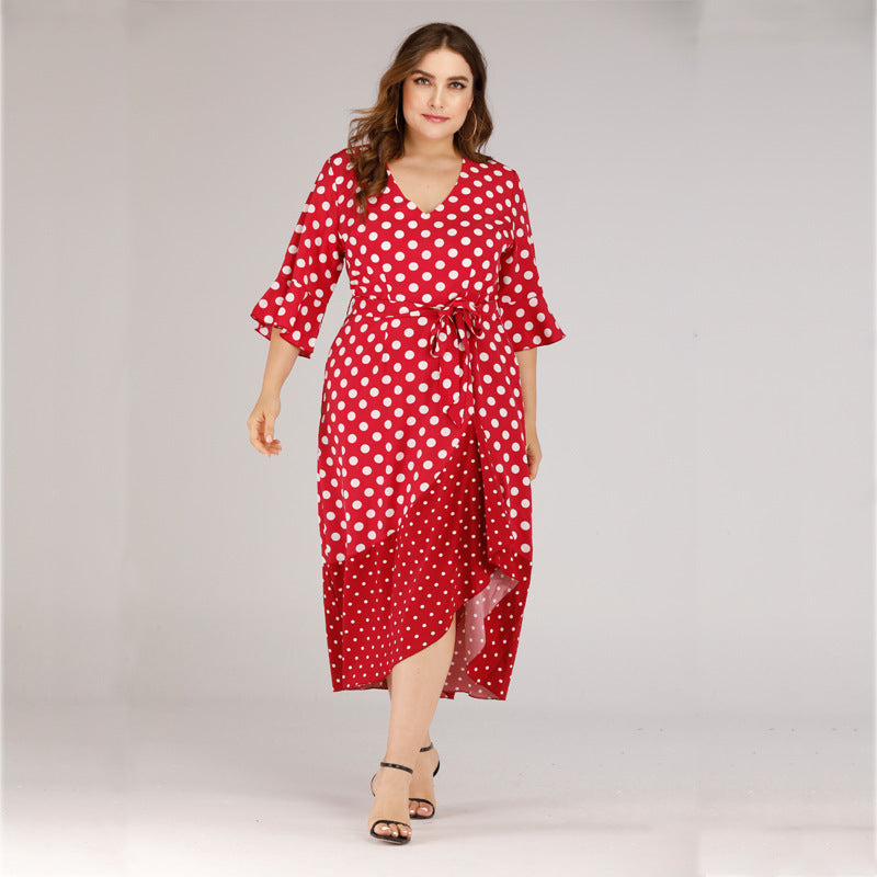 Plus size V-neck lace ruffled polka dot dress Dresses & Tops