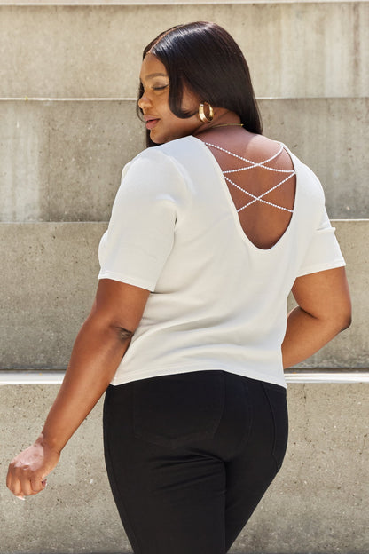 And The Why Pearly White Full Size Criss Cross Pearl Detail Open Back T-Shirt Dresses & Tops