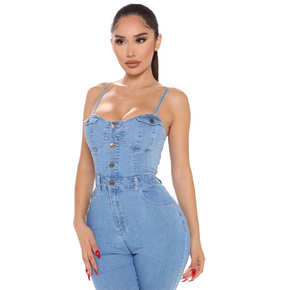 Casual Nightclub Women's High Elastic Denim Jumpsuit Summer apparel & accessories