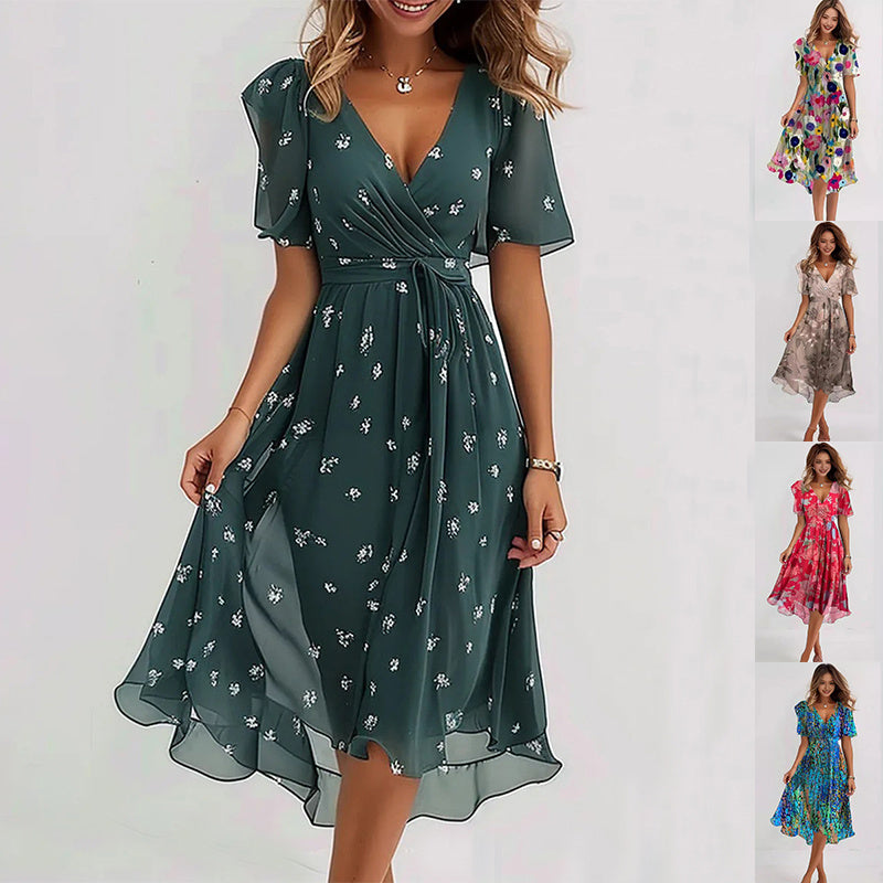 Chiffon Printed Short Sleeve Dress Summer Elegant V-neck Dresses Womens Clothing apparels & accessories