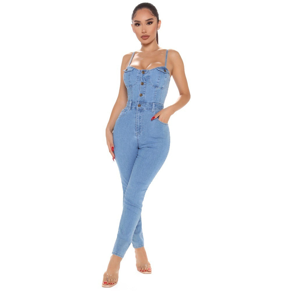 Casual Nightclub Women's High Elastic Denim Jumpsuit Summer apparel & accessories