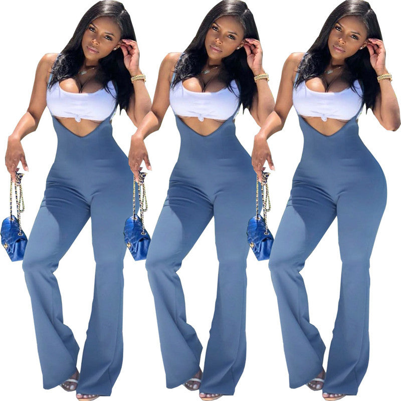 Pure color suspender zipper jumpsuit apparel & accessories