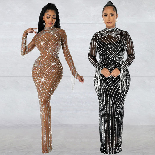 Women's Mesh Rhinestone Long Dress apparel & accessories