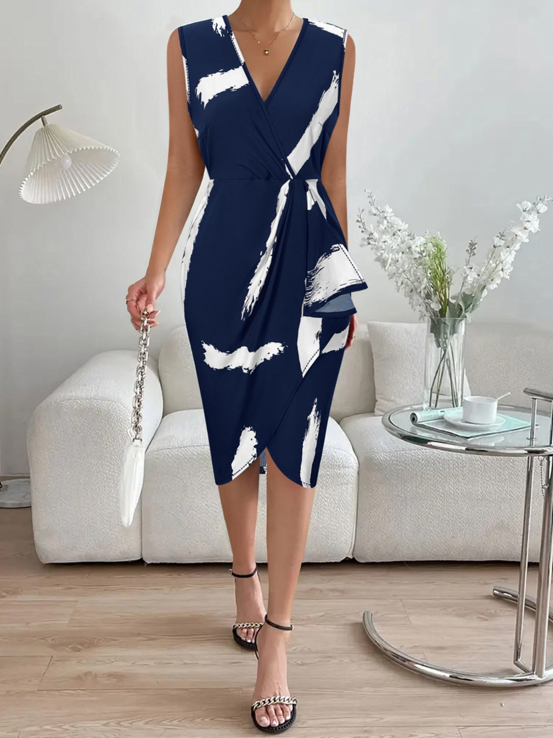 Printed Surplice Sleeveless Knee Length Dress Dresses & Tops