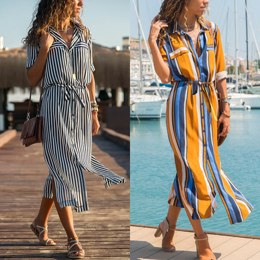 Stripe Shirt Chiffon V-neck Women's Dress apparels & accessories