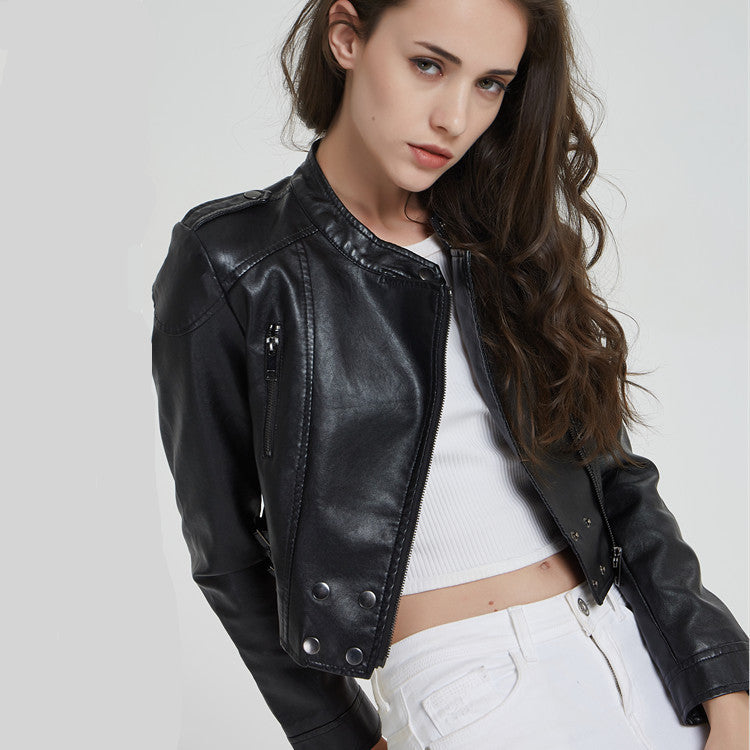 Short slim standing collar women's Motorcycle Jacket apparels & accessories