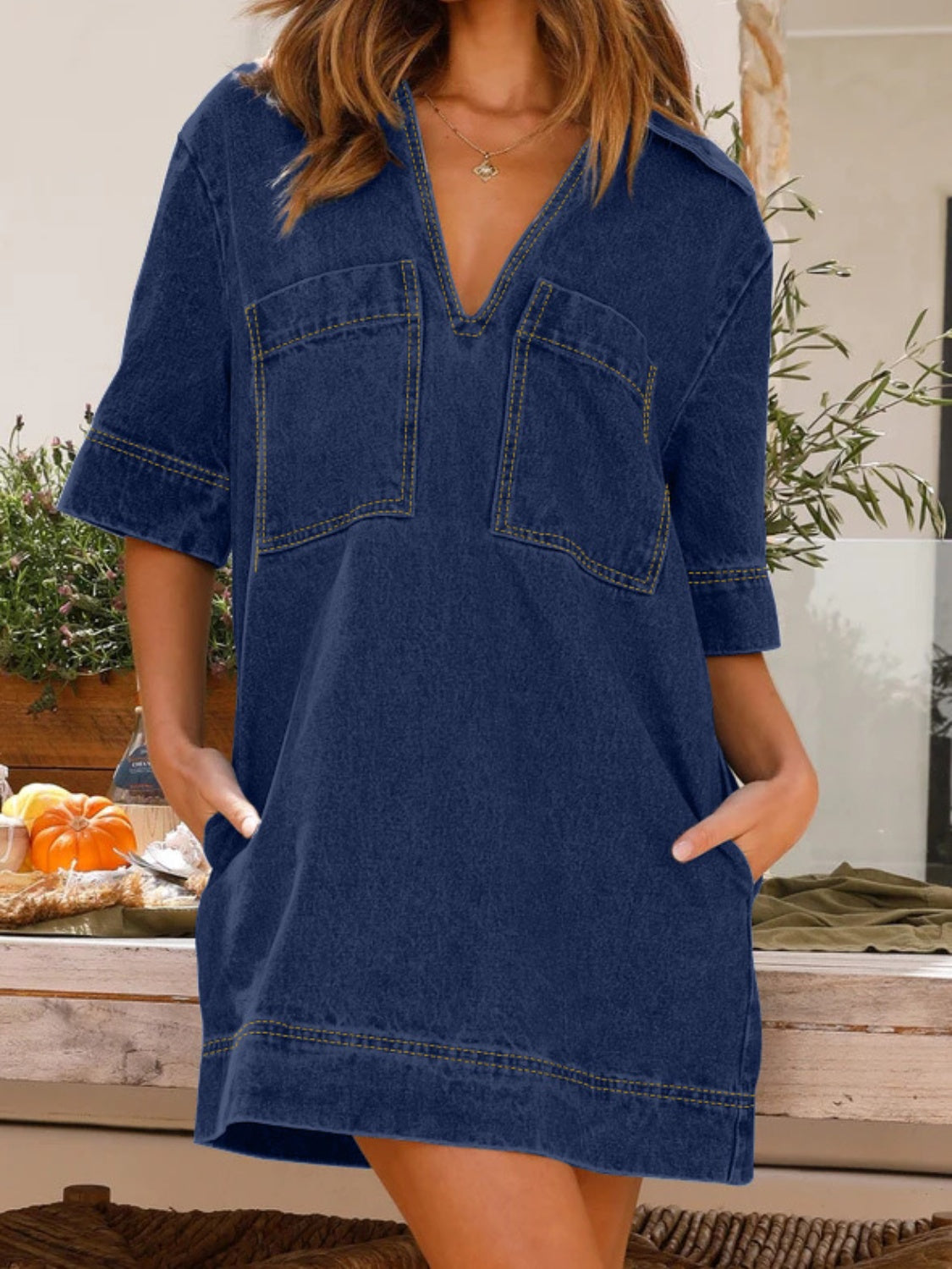 Johnny Collar Half Sleeve Denim Dress apparel & accessories