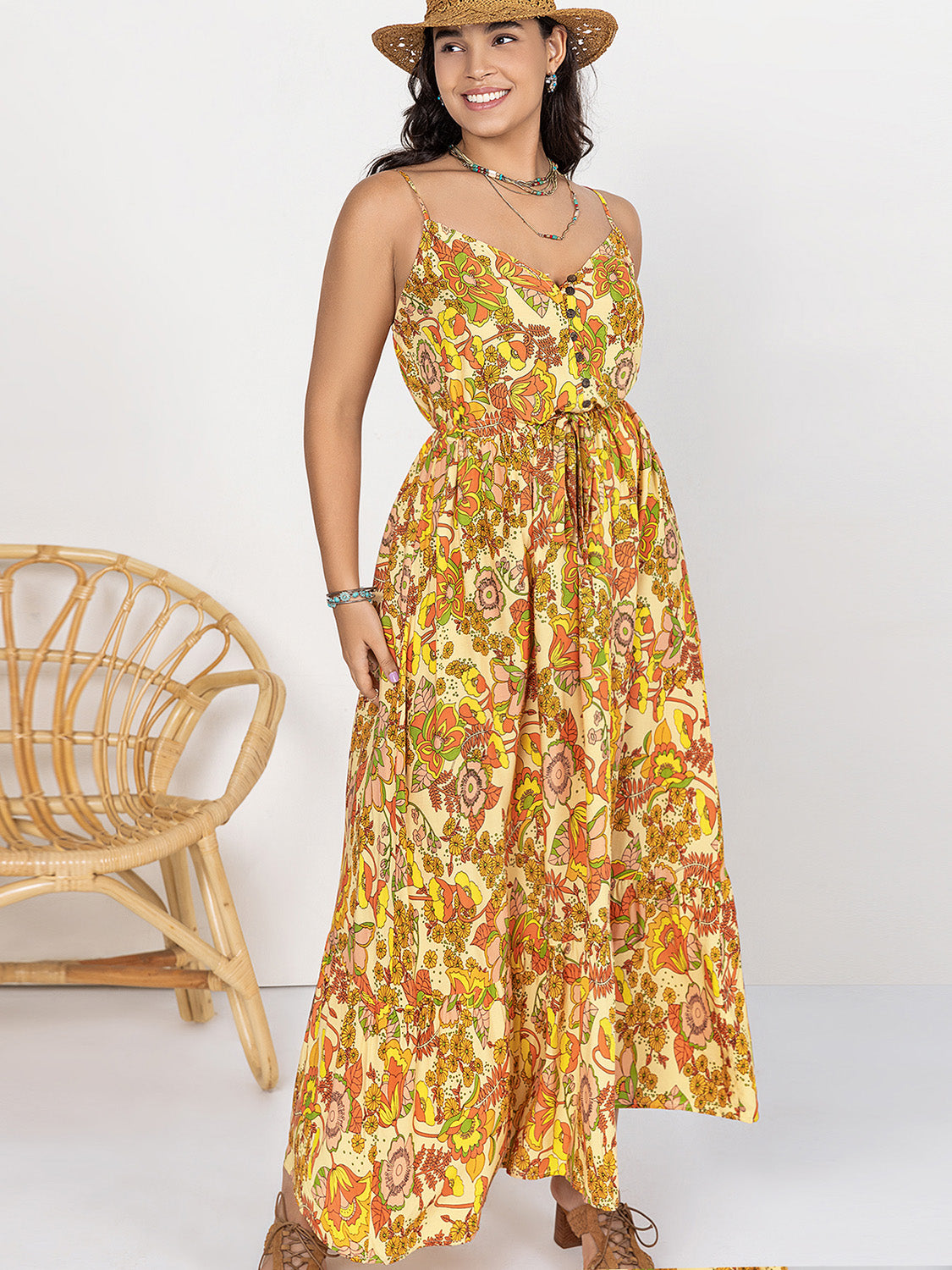 Plus Size Printed V-Neck Maxi Cami Dress Dresses & Tops