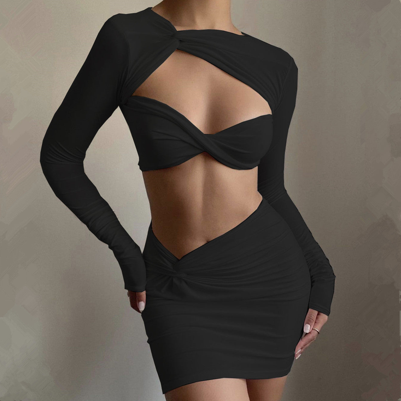 Bare Midriff Long Sleeve Short Dress Two-piece Set Dresses & Tops