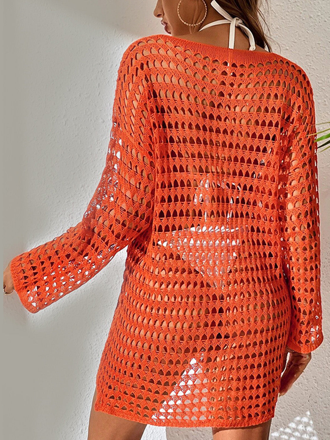 Openwork Boat Neck Long Sleeve Cover-Up apparel & accessories