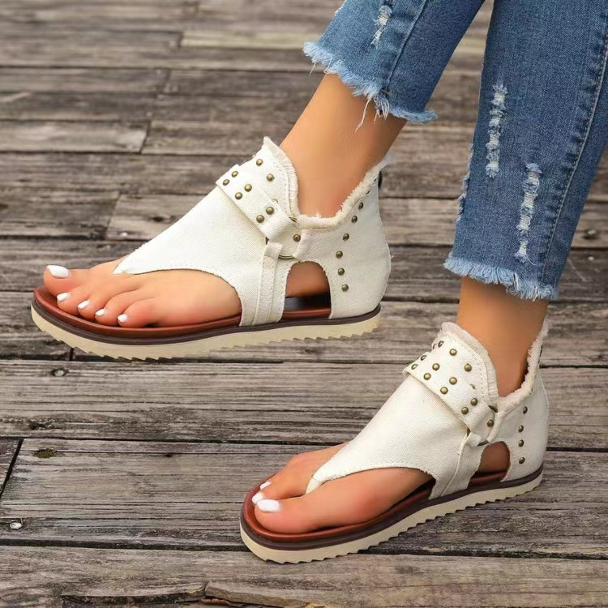 Studded Raw Hem Flat Sandals apparel & accessories