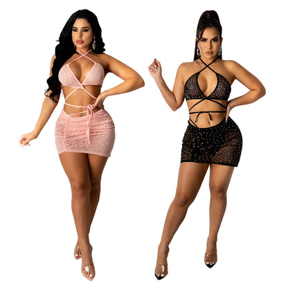 Sexy 2 Piece Set Bling Rhinestones Sheer Mesh Mini Skirts Club Outfits apparel & accessories