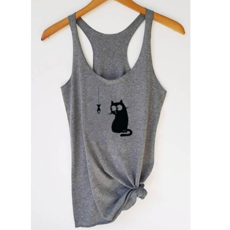 Popular Sleeveless Sling Kitten Fish Print Vest apparels & accessories