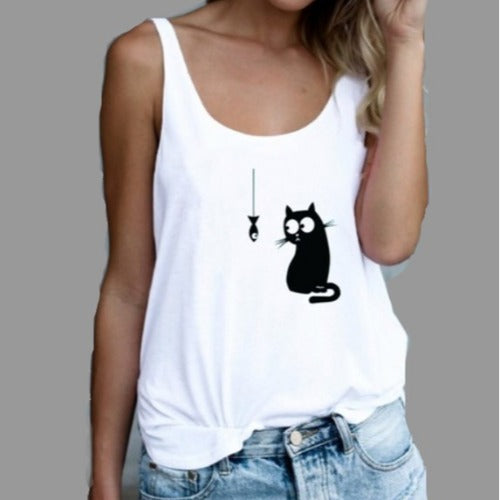 Popular Sleeveless Sling Kitten Fish Print Vest apparels & accessories