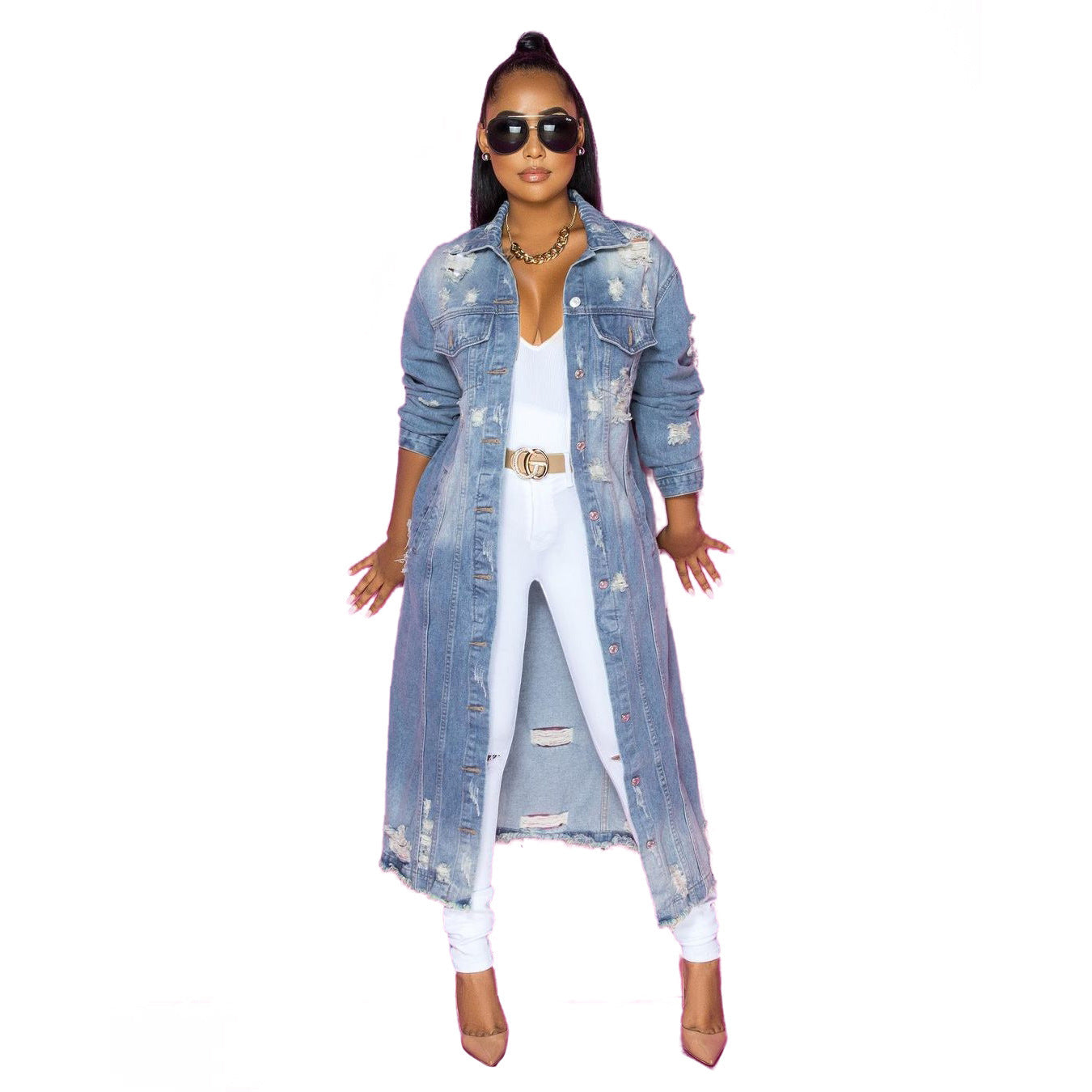 Blue Hole Washed Loose Long Sleeve Denim Coat apparels & accessories