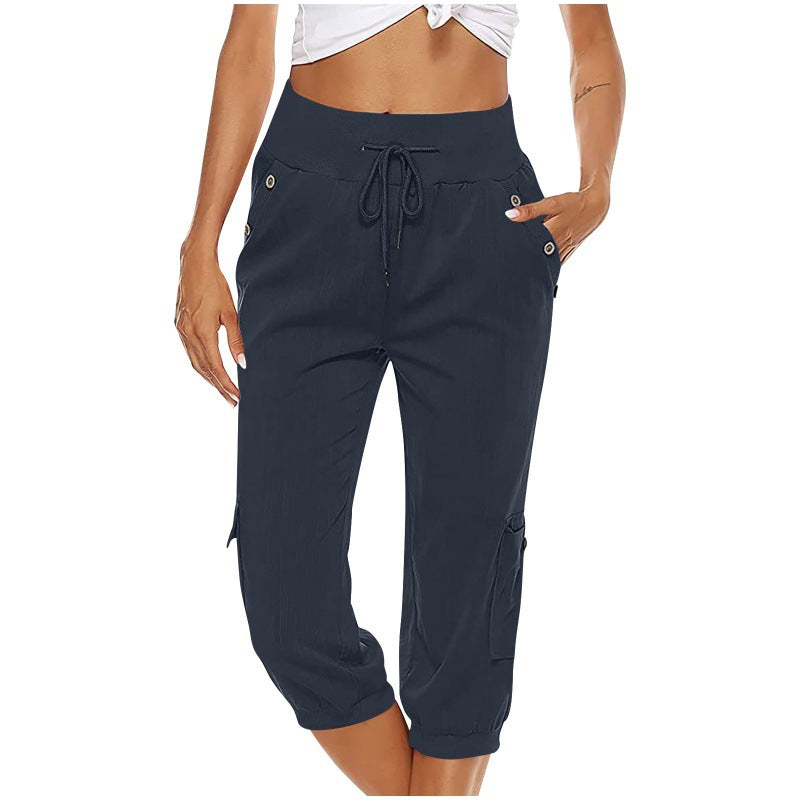 Women's Cropped Pants Cotton Linen Cargo Pocket Casual Pants apparels & accessories