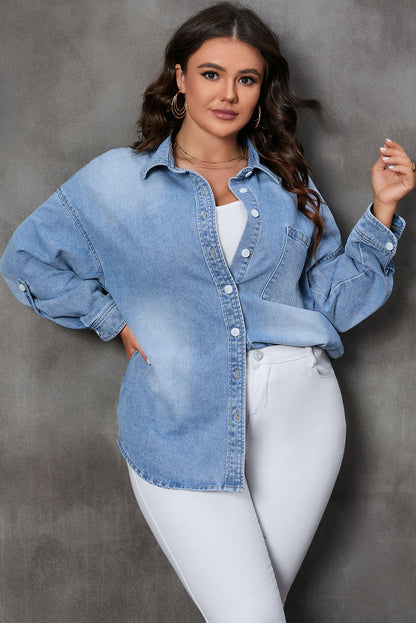 Plus Size Button Up Pocketed Denim Top Dresses & Tops