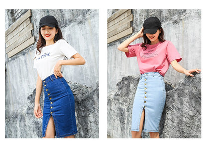 Single-breasted stretch denim skirt apparels & accessories