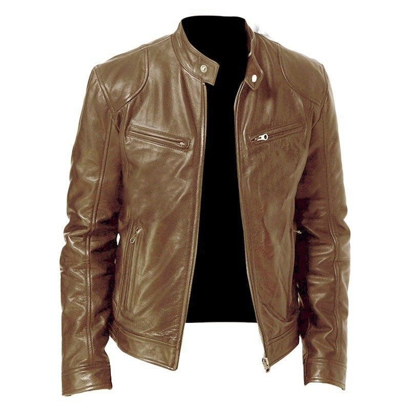 Men's Zip Cardigan PU Leather Jacket With Stand Collar apparels & accessories