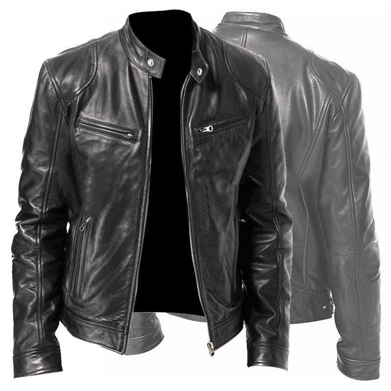 Men's Zip Cardigan PU Leather Jacket With Stand Collar apparels & accessories