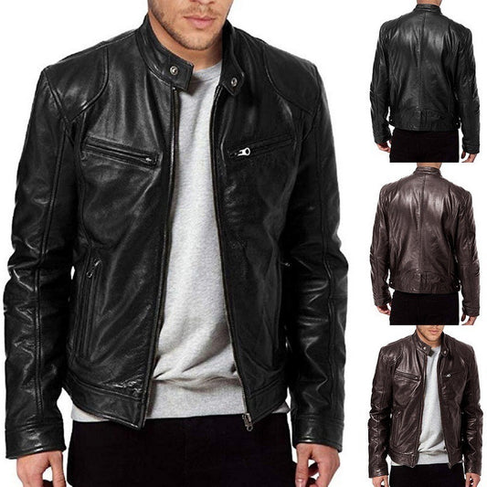 Men's Zip Cardigan PU Leather Jacket With Stand Collar apparels & accessories
