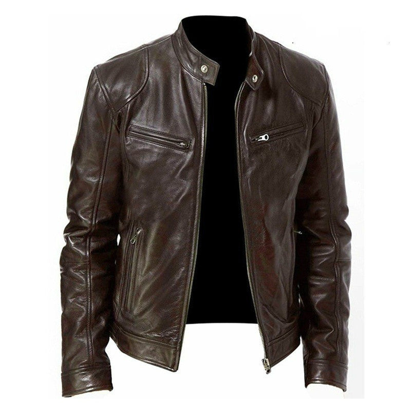 Men's Zip Cardigan PU Leather Jacket With Stand Collar apparels & accessories