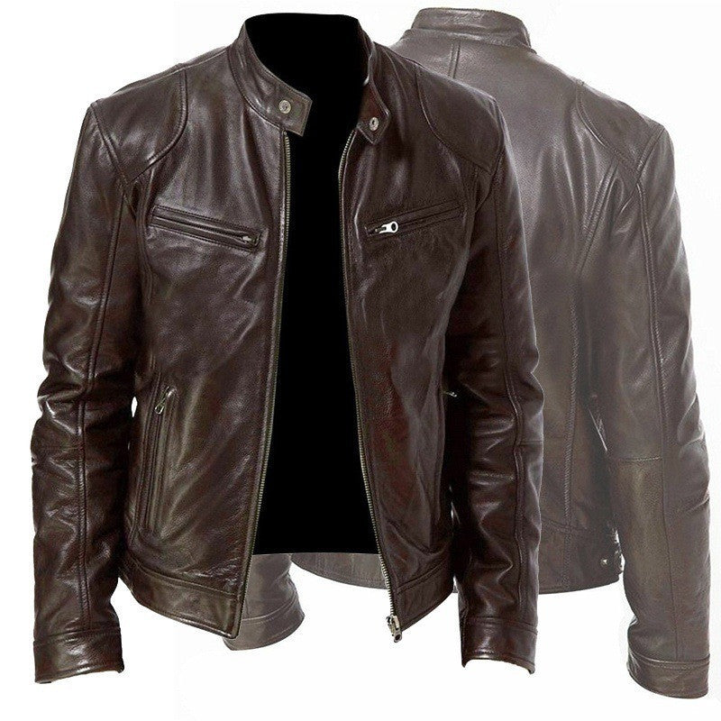 Men's Zip Cardigan PU Leather Jacket With Stand Collar apparels & accessories