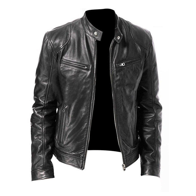 Men's Zip Cardigan PU Leather Jacket With Stand Collar apparels & accessories