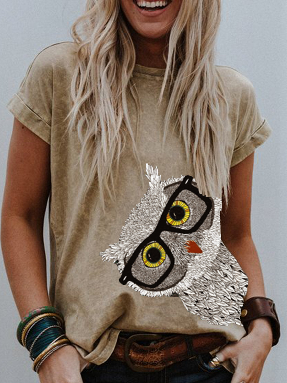 Short Sleeve Owl Print T Shirt Women apparels & accessories