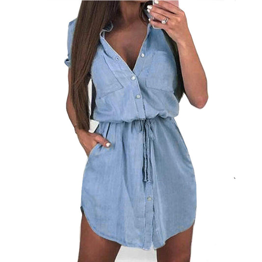 Ladies Denim Shirt Dress With Washed Lace apparel & accessories